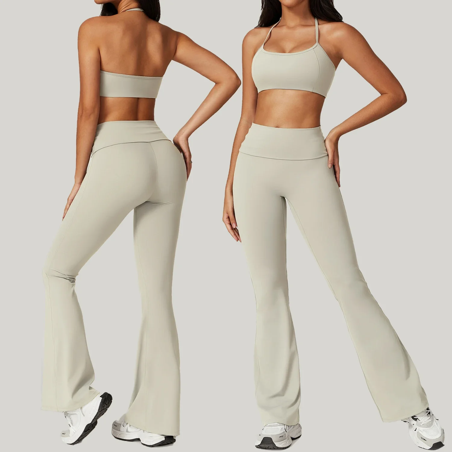 Hanging Neck Back Yoga Flared Pants Set Flip Fold High Waisted Skinny Gym Workout Breathable Casual Fitness Exercise Clothing yoga set sports set gym workout set sportswear set fitness set yoga pants set