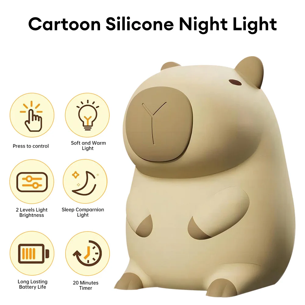 Cute Cartoon Capybara Night Lamp Silicone Pat Lamp for Children's Bedroom USB Rechargeable Timing Dimming Bedside Sleep Light