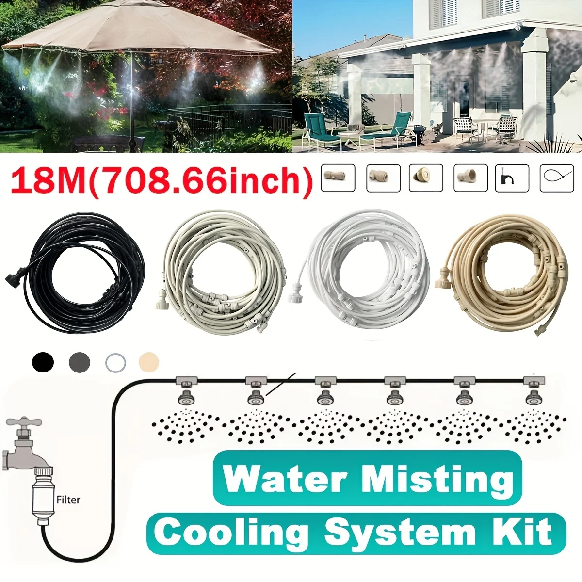 Sistema de enfriamiento por nebulización de 18M, ventilador enfriador, Patio, jardín, niebla de agua, boquillas, sistema de nebulización de aire frío para refrigeración de capas de jardín