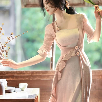 UMI MAO 우아한 중국 원피스 여성 용수철, 독특한 부드러운 요정 원피스 스플라이스, 작은 디자인 긴 드레스, 여름 신상