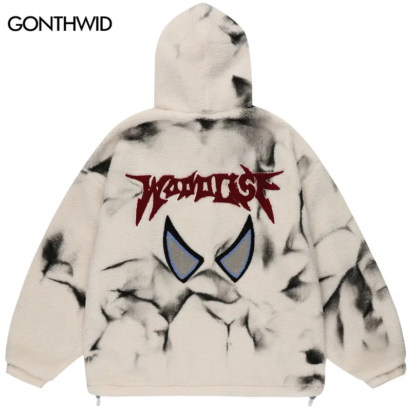 

Hip Hop Fleece Fuzzy Hooded Jacket Grunge Embroidery Eye Lambswool Fluffy Coat 2023 Men Harajuku Loose Zipper Jackets Streetwear