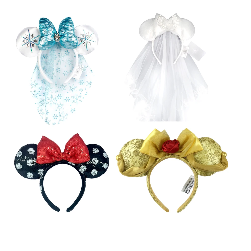 Disney Minnie Ears Headband Blue Snow Princess Veil Hair Hoop Wedding Style Headdress Party Headwear Girl Toys Birthday Gift big minnie ears headband white veil hair hoop wedding style headdress party headwear girl toys birthday gift