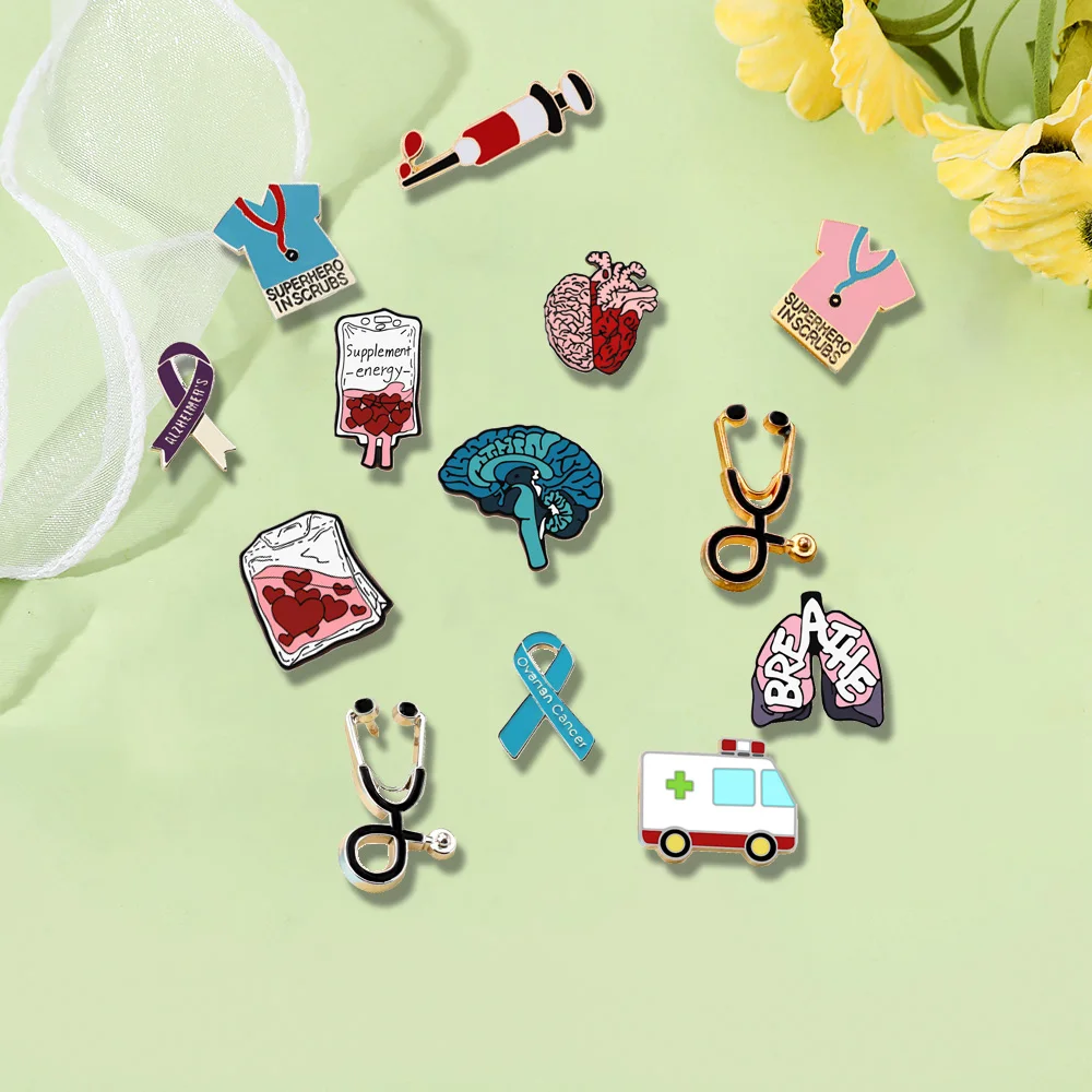 

Medical Brooch for Doctor Nurse Stethoscope T-shirts Enamel Pins Heart Brain Lung Blood Bag Injector Badge Ambulance Pin Jewelry