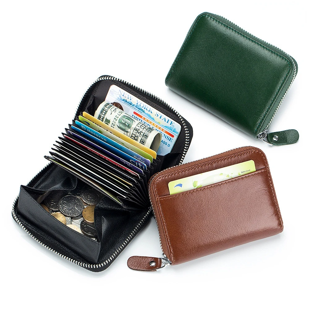 Men's Genuine Leather Card Bag RFID Vegetable Tanned Leather Zipper Coin Purse
