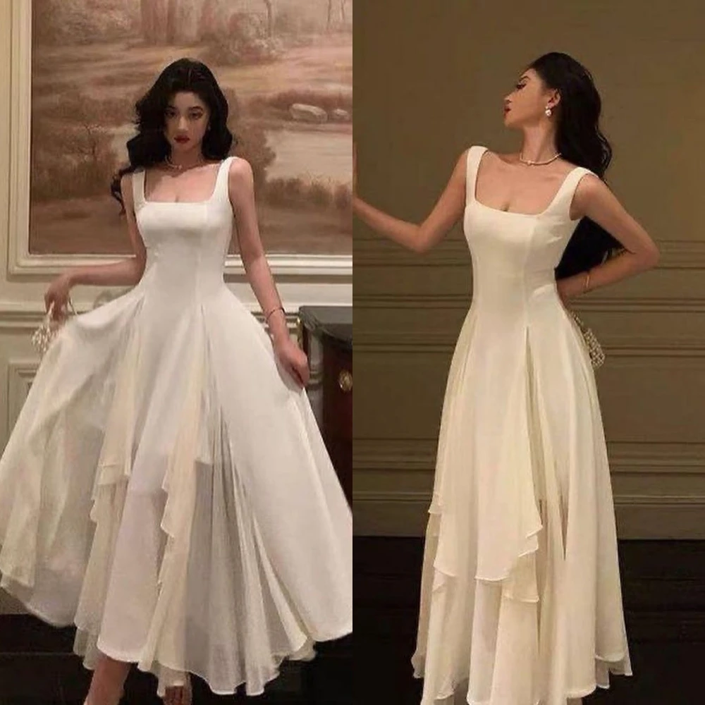 

Ball Simple Elegant Square A-line Homecoming Dresses Draped Skirts Anke Length Chiffon Prom Birthday Dress For Women 2023