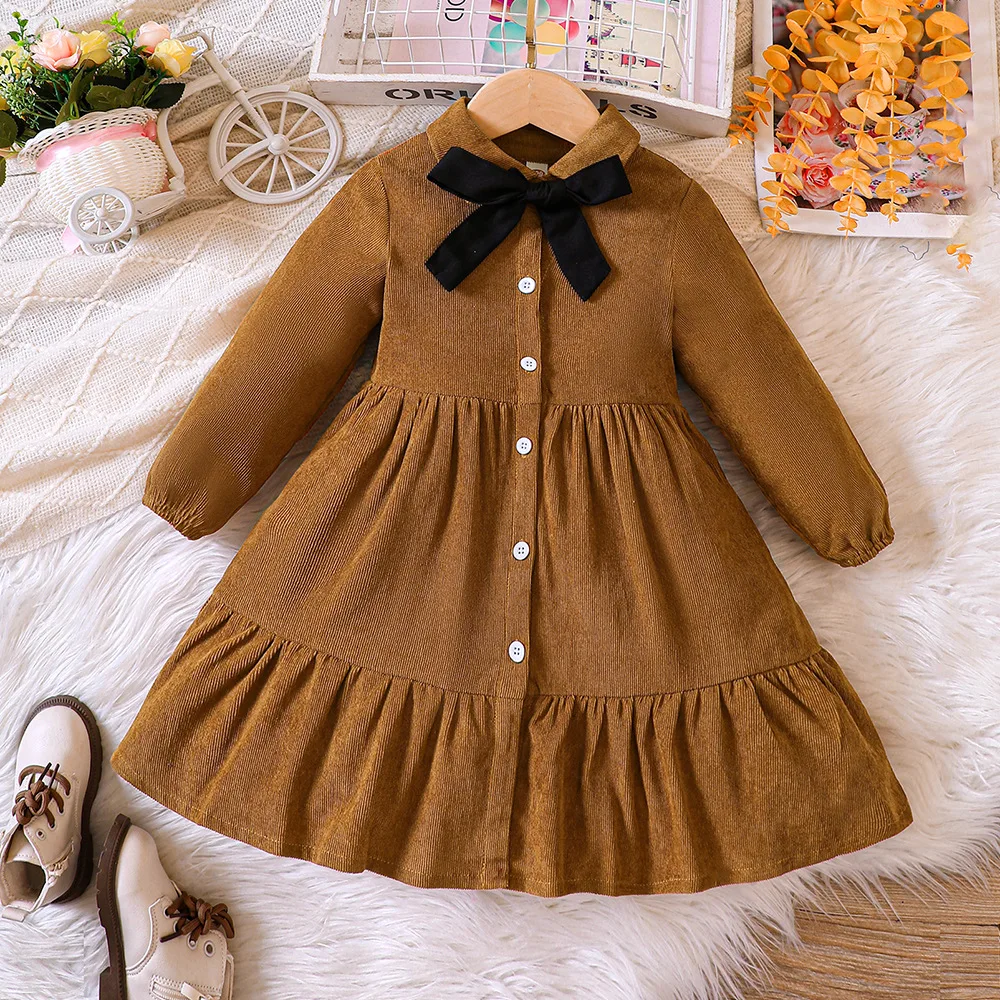 

2024 Girls Corduroy Dresses Autumn Spring Bow Children Baby Princess Dress Party Clothes 1 2 3 4 5 6 7 8 Years Single Breasted