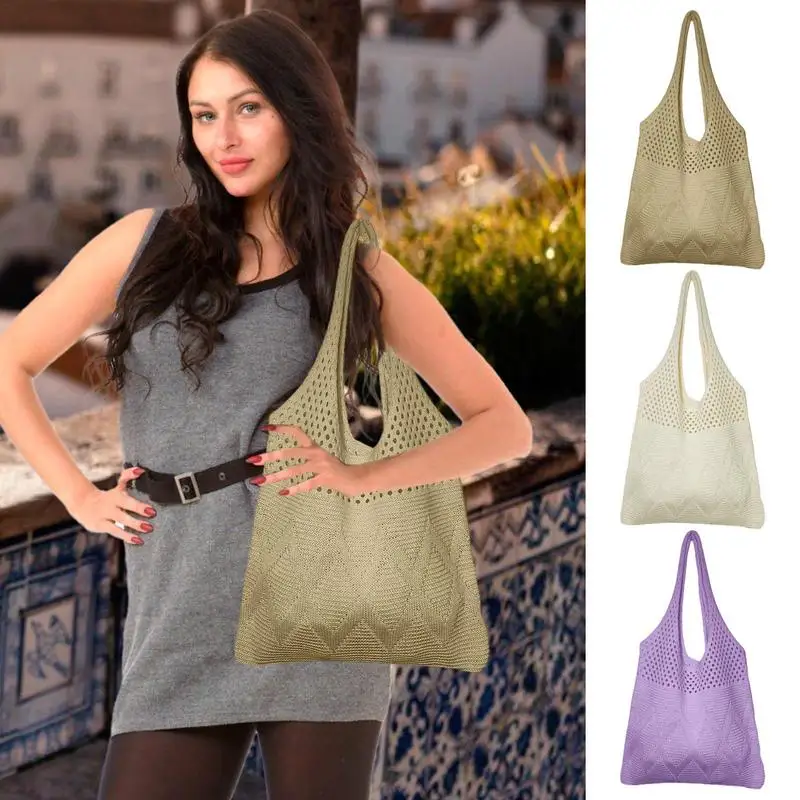 

Women Knit Tote Bag Polyester Hand Shoulder Grocery Bags Washable Soft Eco Friendly Casual Bag For Work School Travel Gym