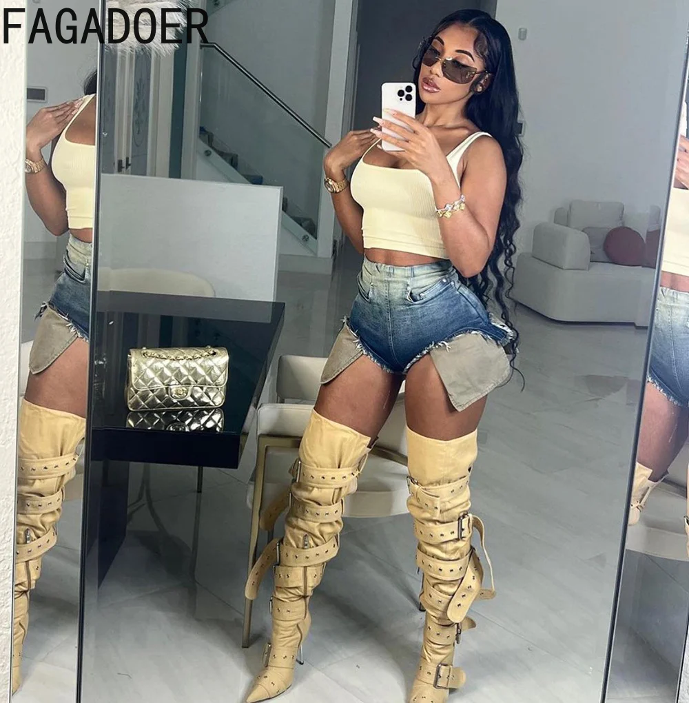 FAGADOER Fashion Y2K Sexy Denim Shorts Women High Waist Pockets Patchwork Ripped Jeans Short Female Stretch Hotsweet Shorts traf