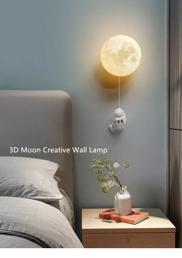 Description Picture 2 of itemChildren's Room Moon LED Wall Lamp Modern Minimalist Creative Astronaut Copper Cartoon Boy Bedroom Bedside Background Wall Lamp