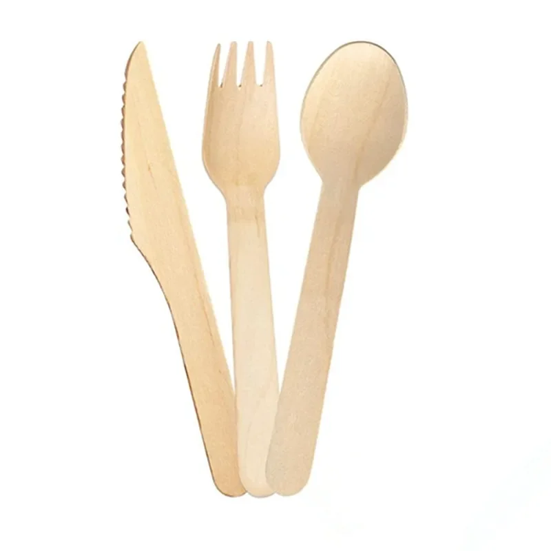 50/100PCS Disposable Wooden Tableware Set Forks Spoons Knives Parties Weddings Cafes Environmentally Friendly Wooden Tableware