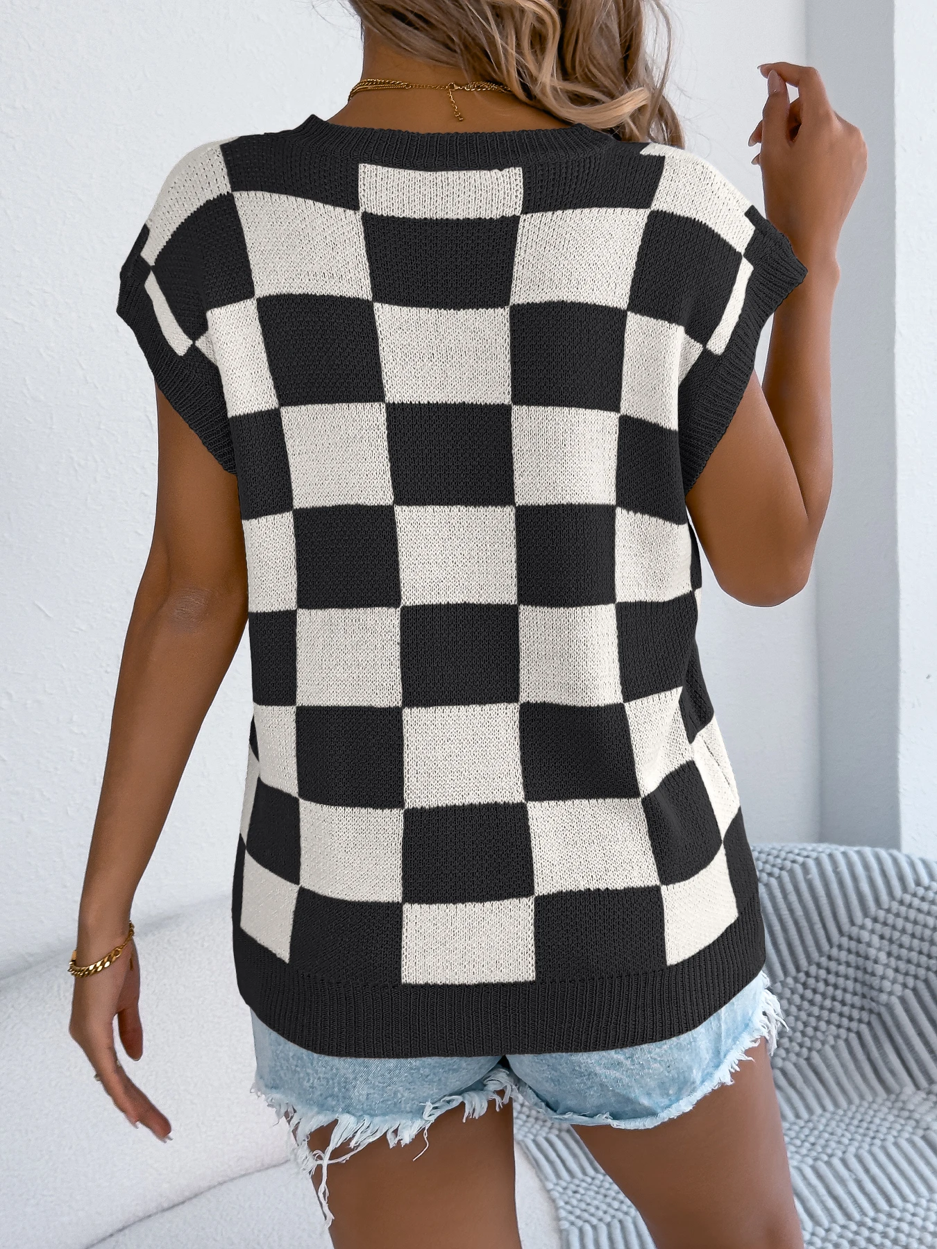 Women Knitted Pullover Black Orange Short Sleeve Top