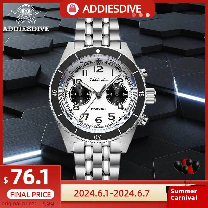 

Мужские часы с хронографом ADDIESDIVE, роскошные кварцевые наручные часы с сапфировым стеклом из нержавеющей стали, с зеркальным пузырьковым покрытием для дайвинга, 200 м