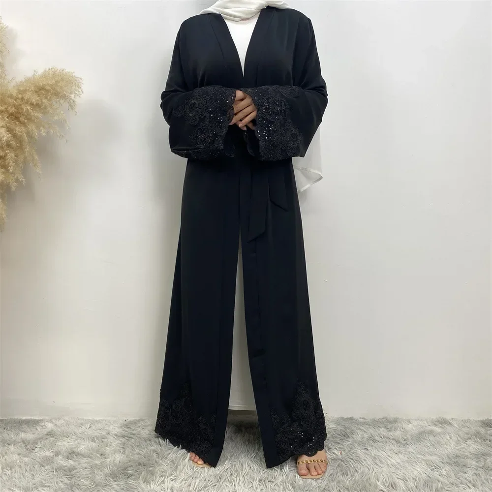 Plain Open Abaya Kimono Casual Lace Embroidery Muslim Long Dress Prayer Abayas for Women Dubai Turkey Islam Kaftan Hijab Robe