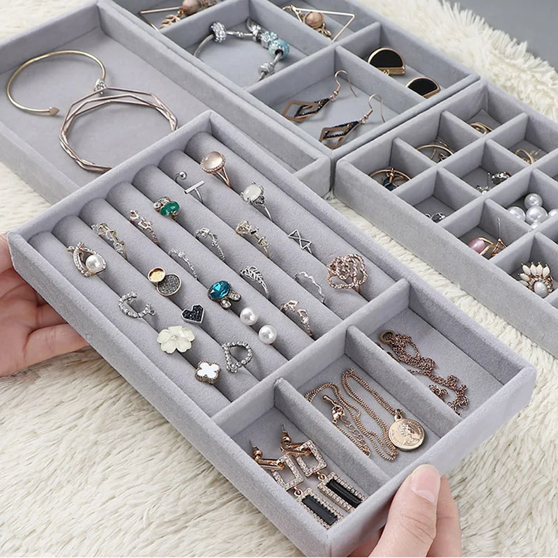 

New Stackable Grid Design Storage Box Velvet Jewelry Display Tray Portable Organizer Ring Women Rectangular Drawer Storage Plate