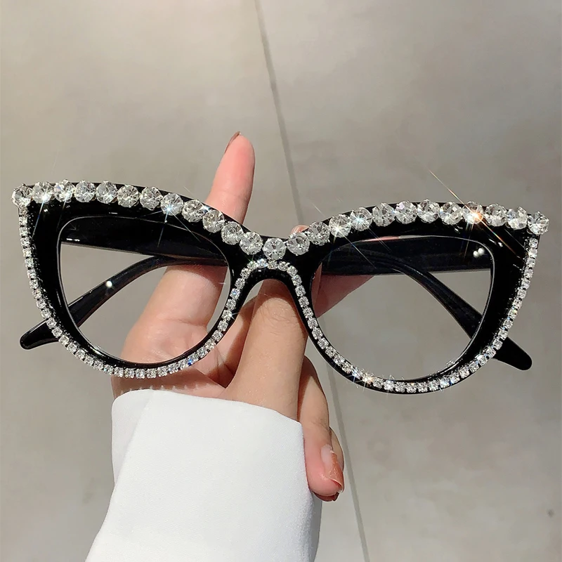Women Glasses fashion eyeglasses Retro Cat Eye Glasses With Rhinestones for Women KAMMPT Oversized Spectacles