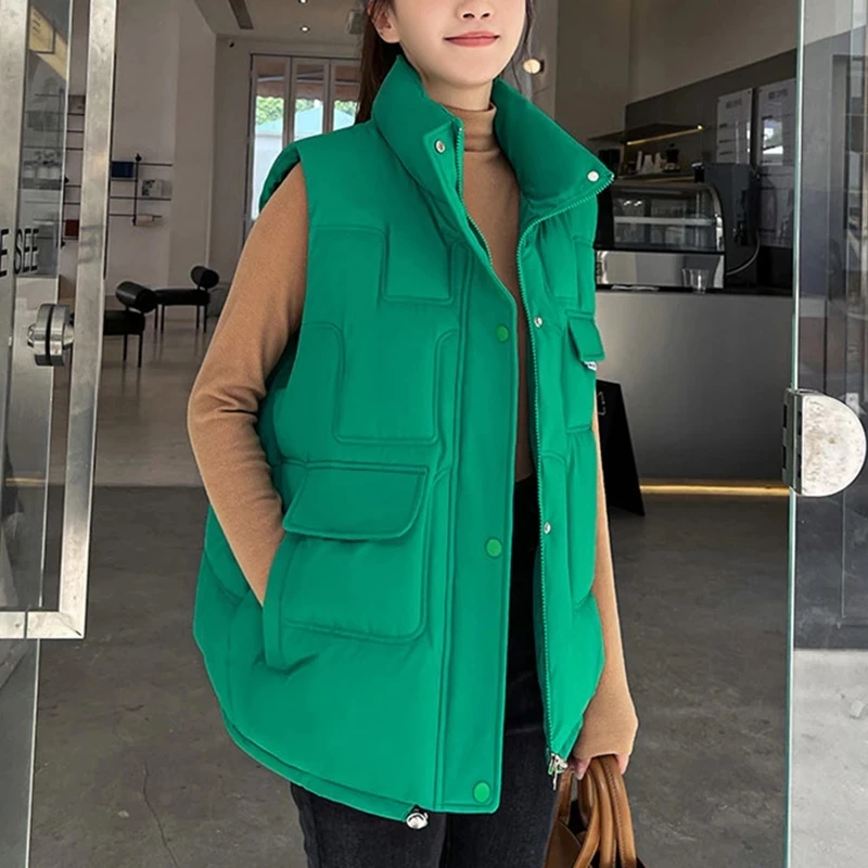 

2022 Women Autumn Winter Down Vest Jacket Fashion Zipper High collar Sleeveless Outwear Solid Cotton Waistcoat Streetwear