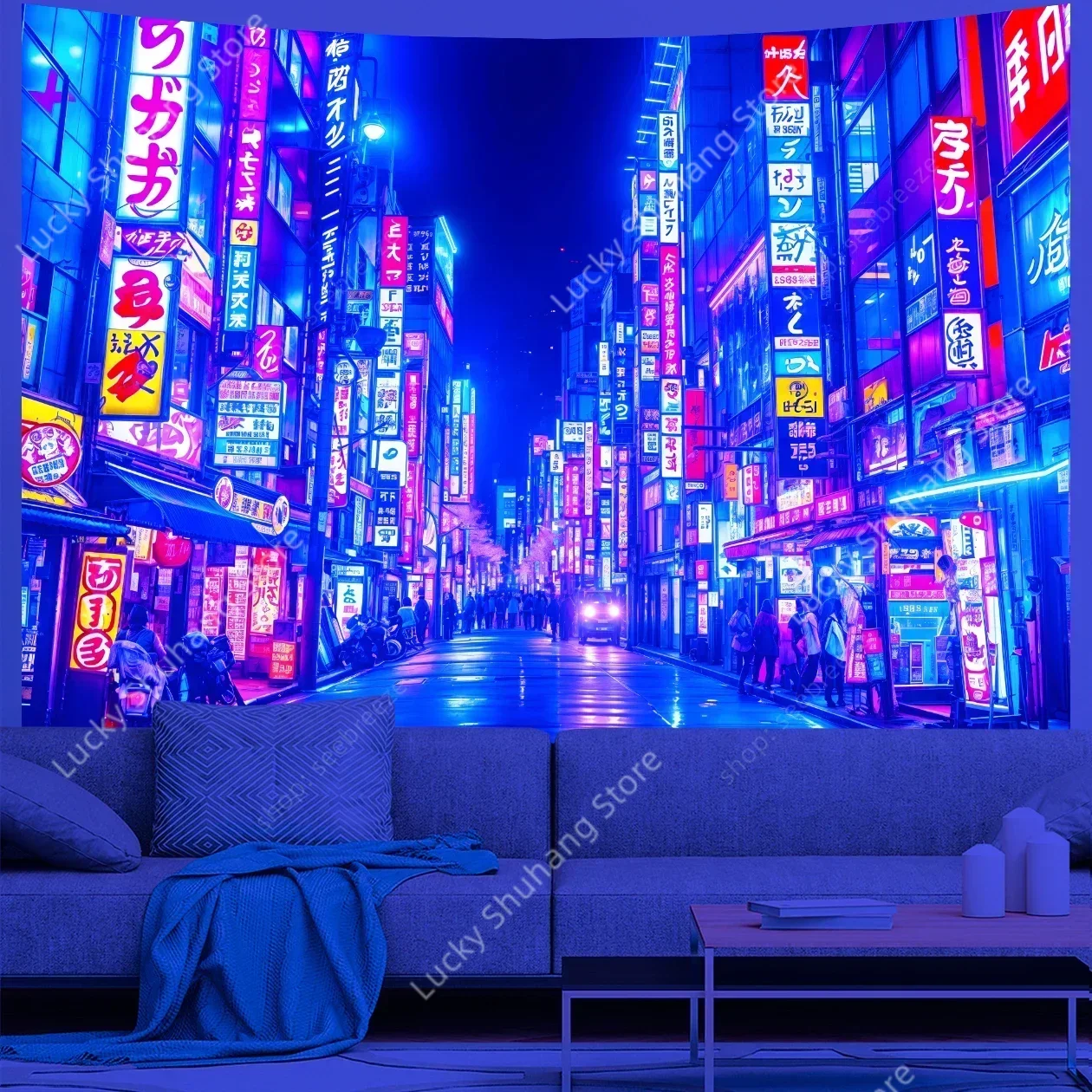 도쿄 스트리트 UV 반응 태피스트리, 일본 도시 야경 태피스트리, 벽걸이 히피..