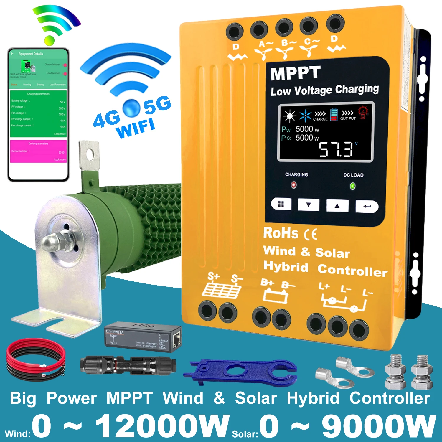Regolatore Di Carica Ibrido MPPT 6000W-9000W Per Solare Ed Eolico – 48V, 50A, IP67, Con Protezione Batteria