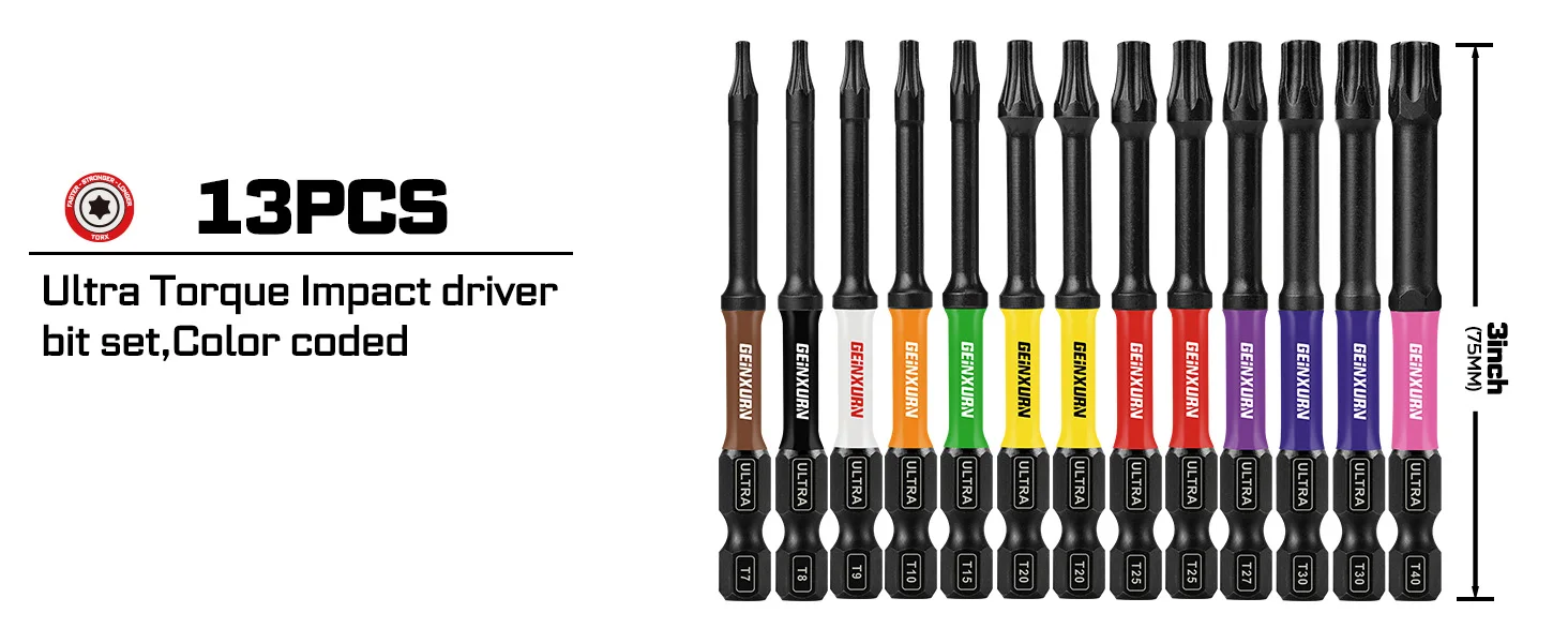 Geinxurn 13-teiliges 3-Zoll-Magnet-Torx-Schraubendreher-Bit-Set (T7-T40), D2-Stahl, langes Sternschraubendreher-Bit-Set mit farbcodierter Basis – Detail 2
