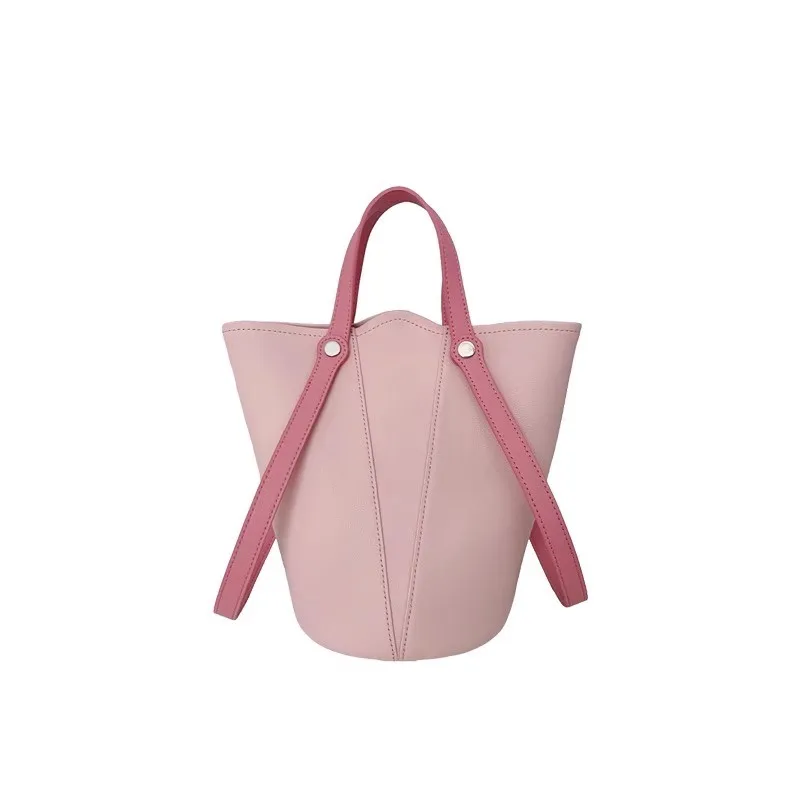 Pink Niche Design Handheld Bucket Bag Women Stitching Leather Large Capacity Tote Bag Ladies Fashion Sle Casual Shoulder Bag New
