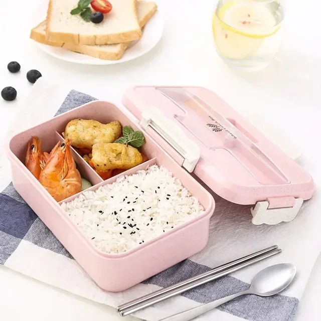 Boîte à déjeuner micro-ondes pour enfants, boîte à Bento Portable pour école et bureau avec vaisselle, cuillères, baguettes, boîte à nourriture en paille de blé 1
