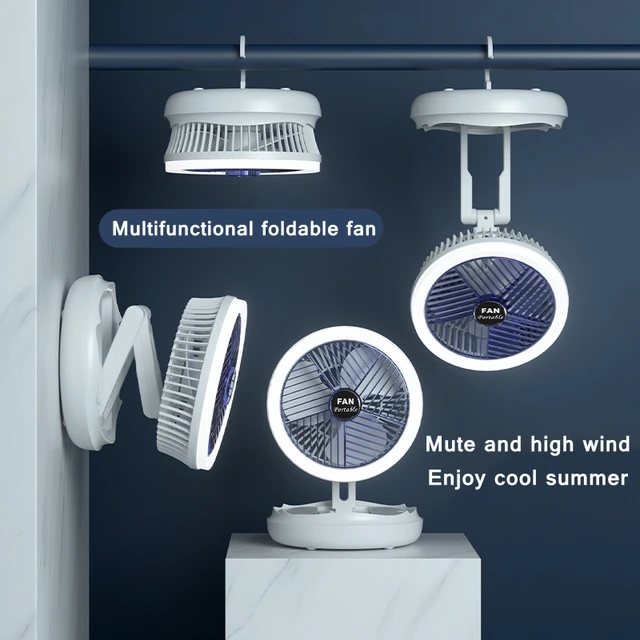 USB Charging Foldable Table Fan Wall Mounted Hanging Ceiling Fan with LED Light 4 Speed Adjustable For Home Room Air Cooler Fan 1