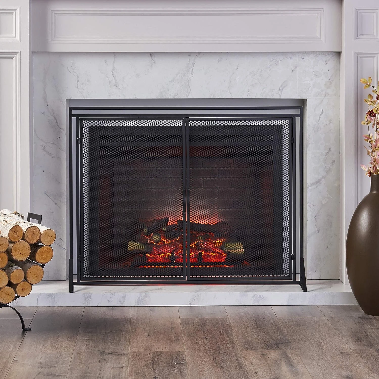 

Modern Iron Fireplace Screen, Matte Black