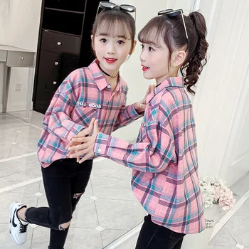 2023 한국 봄 가을 주니어 소녀 코튼 체크 셔츠, 긴팔 격자 무늬 셔츠, 어린 소녀 루즈 라펠 재킷 탑 셔츠
