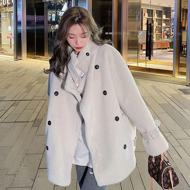 Autumn And Winter 2023 New Style Imitation Mink Wool Thickened Fur One-piece Lamb Wool Loose Skinny Coat For Women