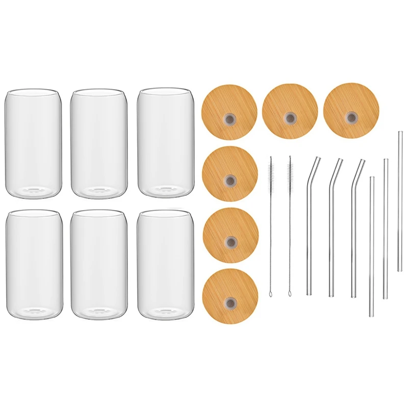 

6Piece Set Drinking Glasses 16Oz Can Shaped Glass Cup Clear Iced Coffee Cup With 6 Bamboo Lids And 6 Glass Straws