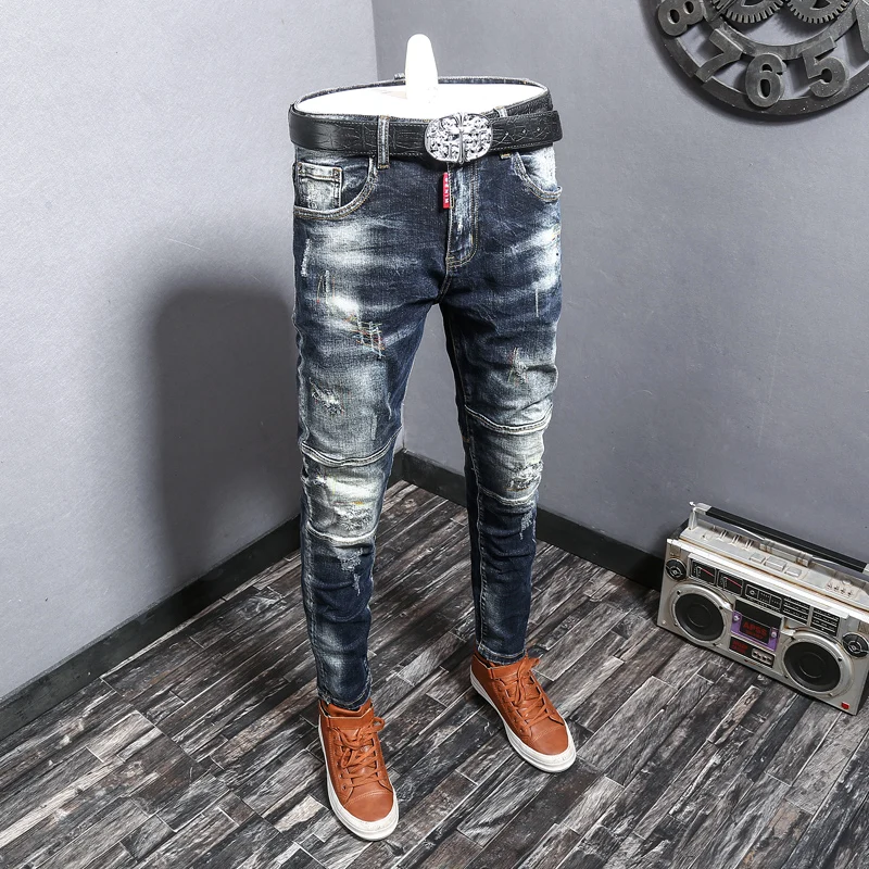

Ripped Jeans Men Boys Retro Blue Elastic Slim Fit Biker Jeans Homme Embroidery Designer Hip Hop Denim Pants Ins High Streetwear