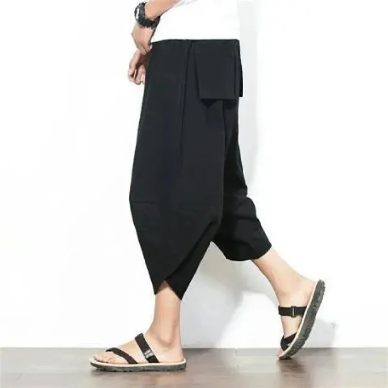 Summer Men Linen Loose Shorts Nylon Ethnic Style Trousers Trendy 9-inch Pants Cotton Polyester Fiber Adult Casual Pants