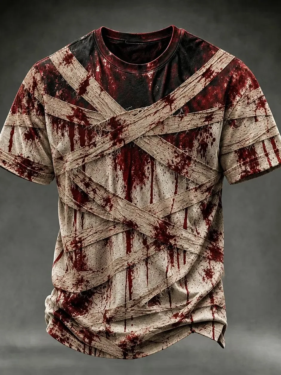 Herren Halloween Blutiges Verband-Zombie 3D-Druck T-Shirt Horror Blutspritzer-Design O-Ausschnitt Kurzarm Cosplay Party Casual T-Shirts