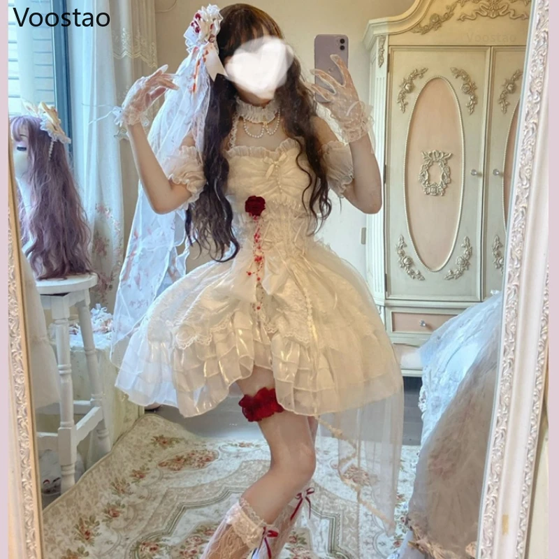 Gothic Lolita Princess Dress Vintage Terror Blood Bride Halloween Party Female Y2k Bandage Rose Lace Mini Dress