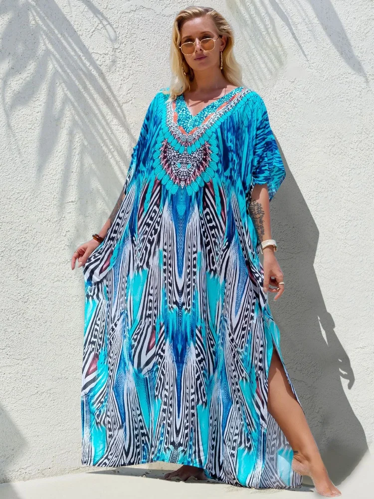 Bohemian Printed Women Plus Size vacation kaftan Summer Beach Maxi Dress Beachwear SwimSuit Cover Up swimsuit cover beach cover