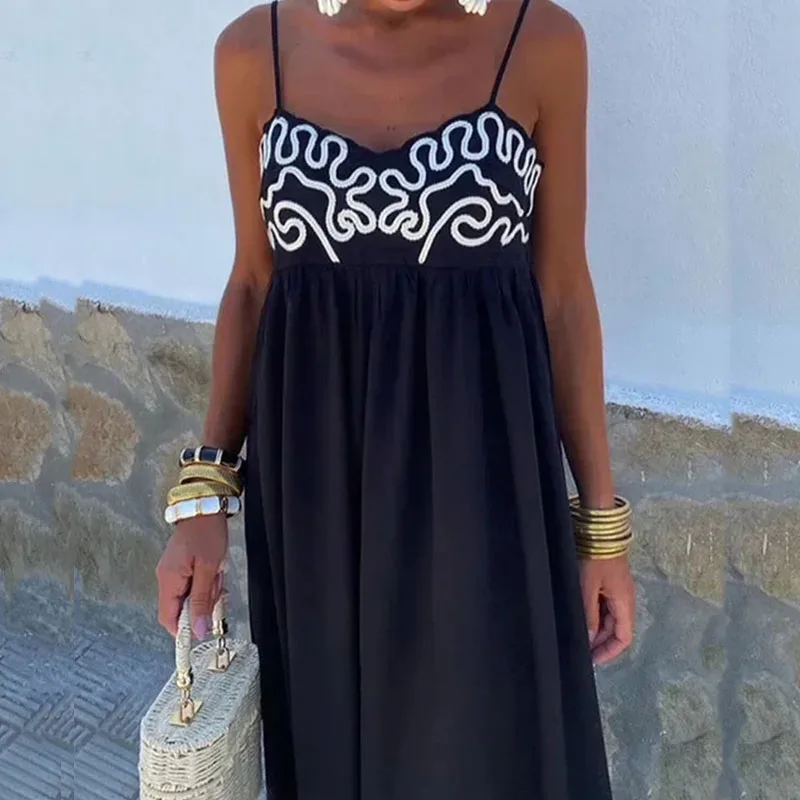 

Summer Sleeveless Spaghette Straps Long Dress Spring Floral Print Slash Neck Hollow Party Dress Women High Waist Boho Maxi Dress