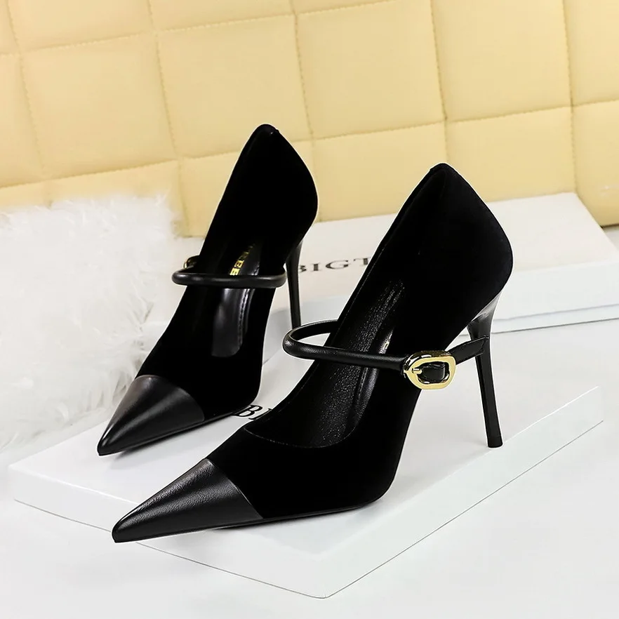 thumbnail image 1 of Zapatos de tacón alto y fino para mujer, con punta de gamuza y tacón bajo, con hebilla de metal y punta recta, para banquetes, con un solo zapato para mujer, 1 of 5