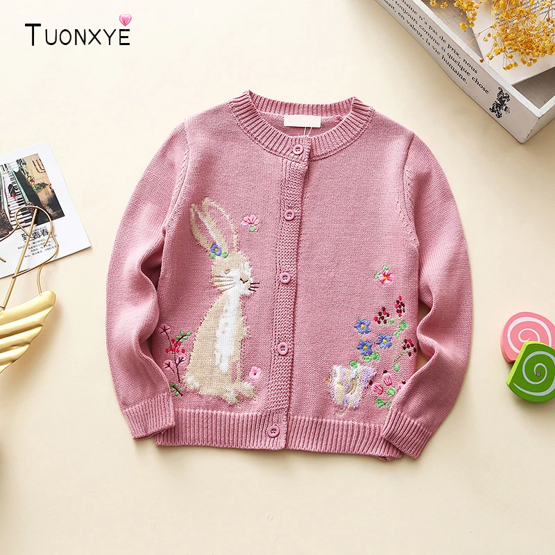 TUONXYE Toddlers Pink Flowers Rabbit Baby Knitted Cardigans Girls