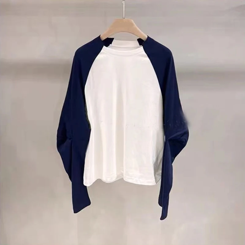 

VANOVICH Korean Style Spring 2024 New Fashion Simple Patchwork Contrast Color Loose Casual O-neck T-shirt Woman Knitting Tops