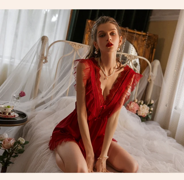 Red Nightdress Sexy Lingerie Ruffles See Through Silk Satin Night Dress  Nighties V-neck Nightgown Lace Women Sleepwear Nightwear