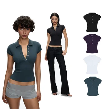 Tank Spicy Girl Style Deep V Lapel Short-Sleeve Polo Shirt, Slim-Fit Short-Sleeve Top, Stretchy, Comfortable, Breathable Fabric, Essential Top for Daily Commuting 1