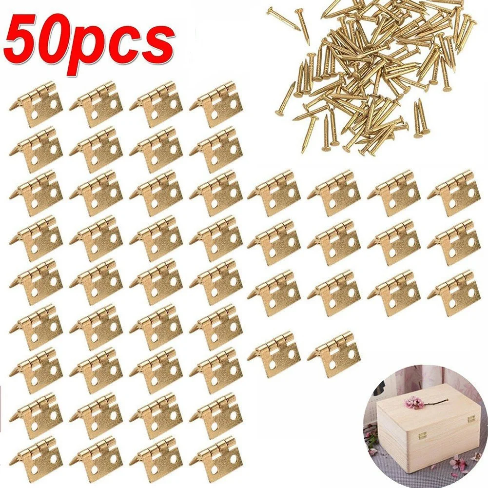 50pcs Brass Mini Hinge Cabinet Door Hinges Jewelry Wooden Box Hinge With Nails Furniture Hardware Decorative Accessories