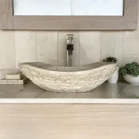 Travertine Chiseled Bathroom Vessel Sink - Oval Canoe Shape - Hand Carved Marble Real Stone Includes Free Soap Tray 1