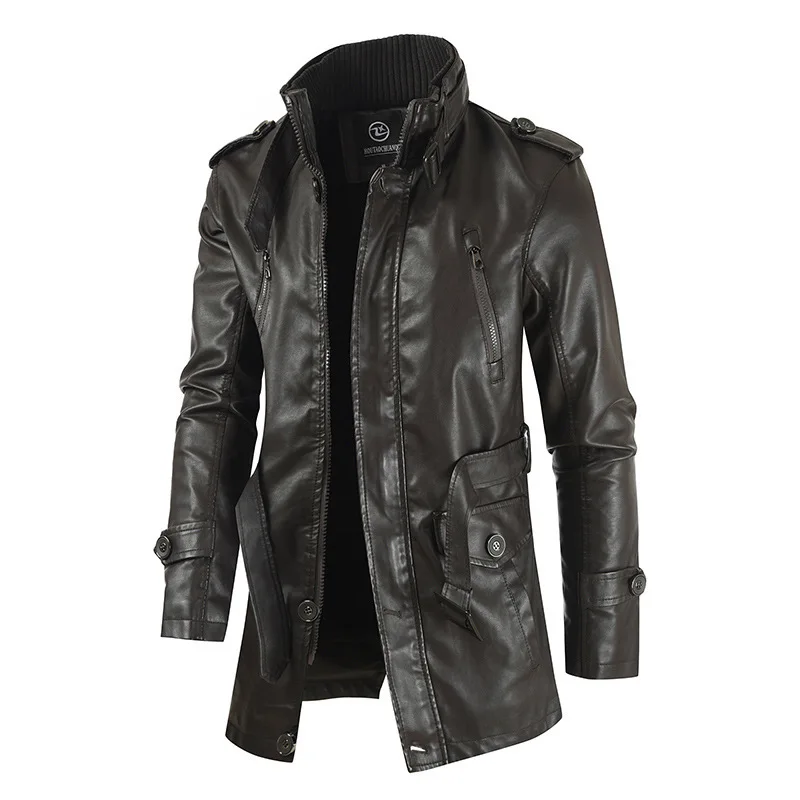 New men's jacket, long leather Jacket with standing collar, plush and thick windproof PU leather jacket, extended dress