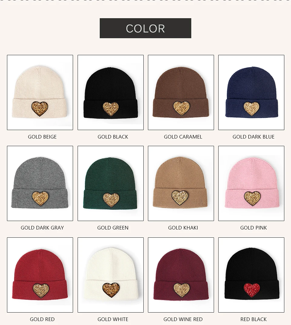 Mode Pailletten Herz gestrickt Winter Mütze für Frauen solide Herbst warm lässig Schädel Mützen weibliche weiche dicke gerollte Hüte – Detail 3