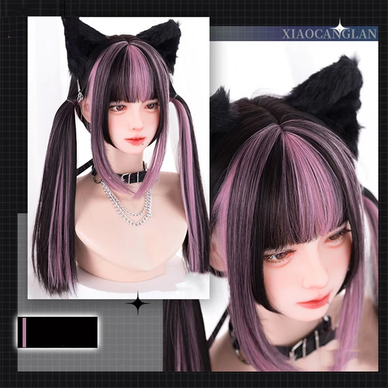 LUPU Women Wigs Cosplay Lolita Wig Natural Black Wig with Pink Highlights with Hair Bangs for Halloween Cosplay Party Wear
