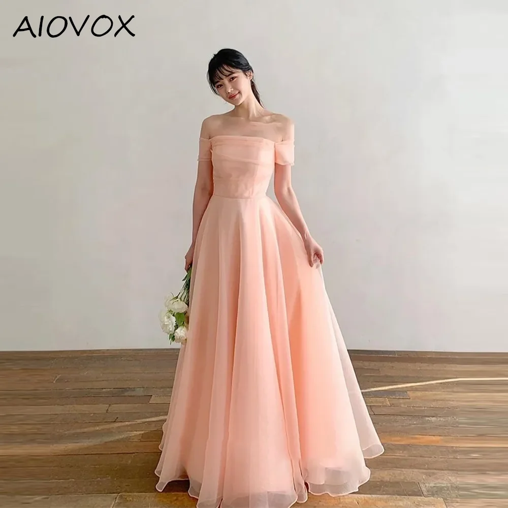 

AIOVOX A-line Formal Dress Pink Simple Strap Less Off-the-shoulder Neckline Organza Formal Occasion Dress 공식 연회 예복이브닝 드레스 2024