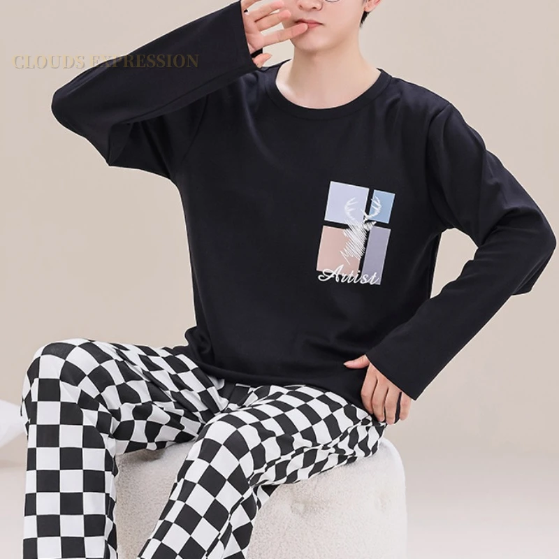 Pajamas Set Men Spring Autumn Big 5XL Knitted Sleepwear Clouds Printting Pajamas Sets