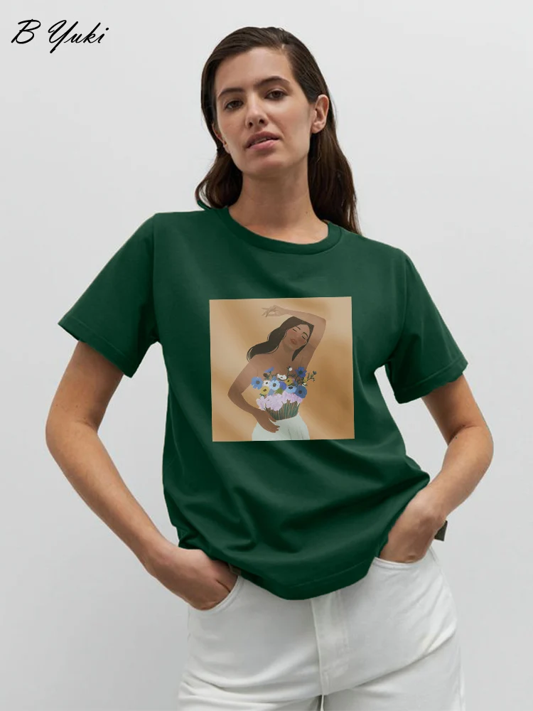 

Blessyuki Soft Cotton Graphic T-shirts Women Summer Artistic Character Short Sleeve Top Female Korean Loose All-match Basic Tees
