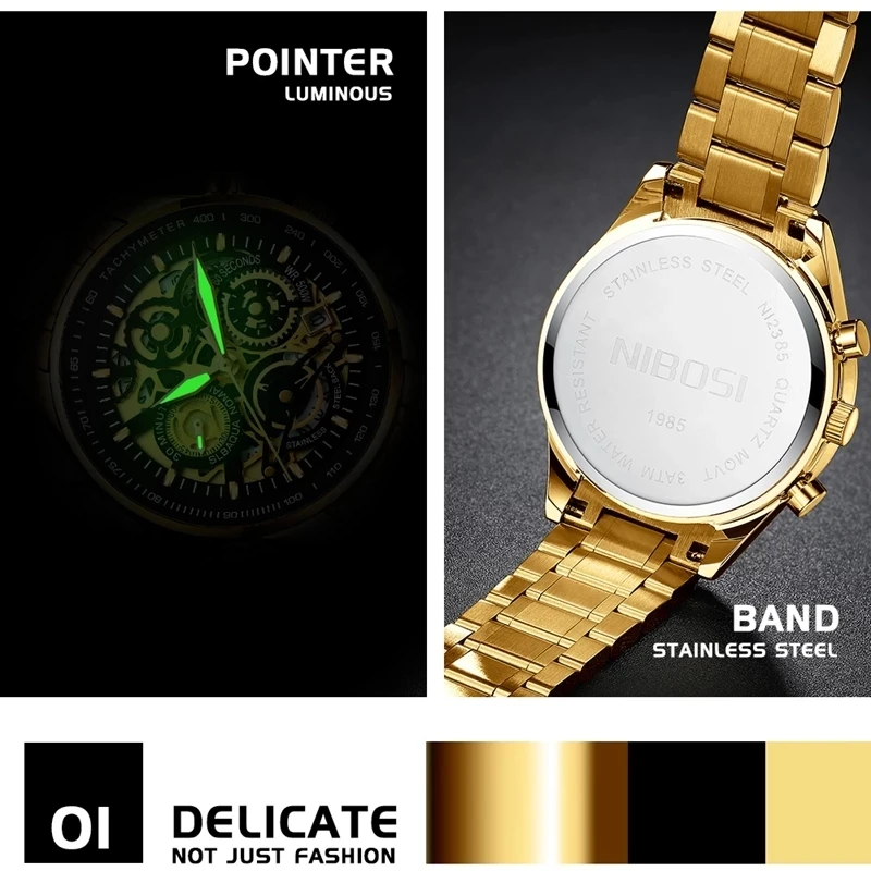 NIBOSI Men Watch Top Brand Gold Skeleton Quartz Mens Watches Full Steel Waterproof Chronograph Wristwatch Men Relogio Masculino